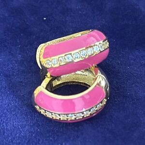 Gabi Rielle Pink Enamel & CZ Mini Hoops – 14k Gold Over Silver Huggies Gift